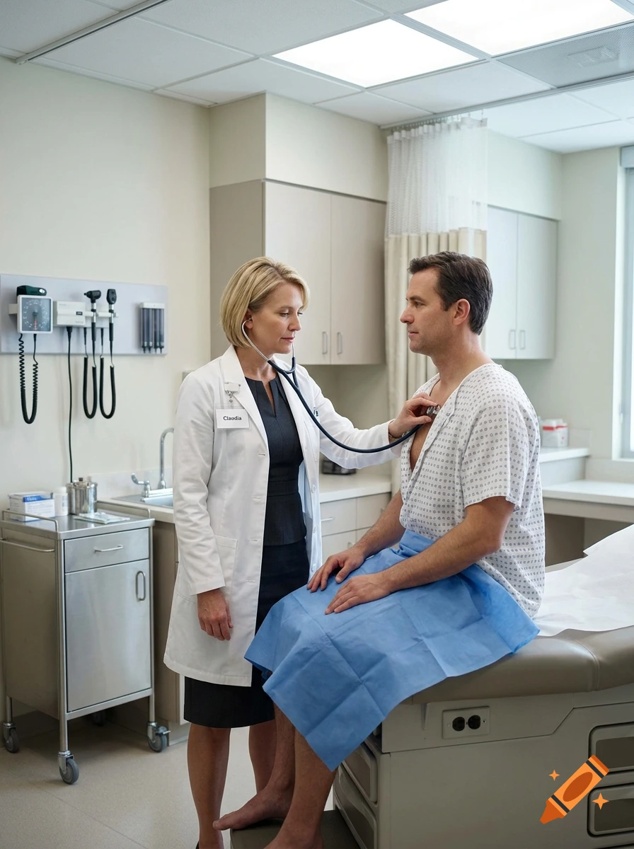 Photorealistic image of a female doctor examining a male patient in a hospital room.