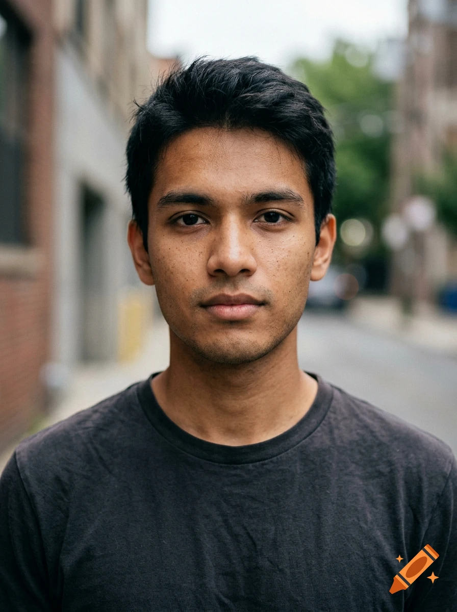 Photorealistic close-up portrait of a young man with dark hair, brown skin, and dark eyes against a blurred urban background.