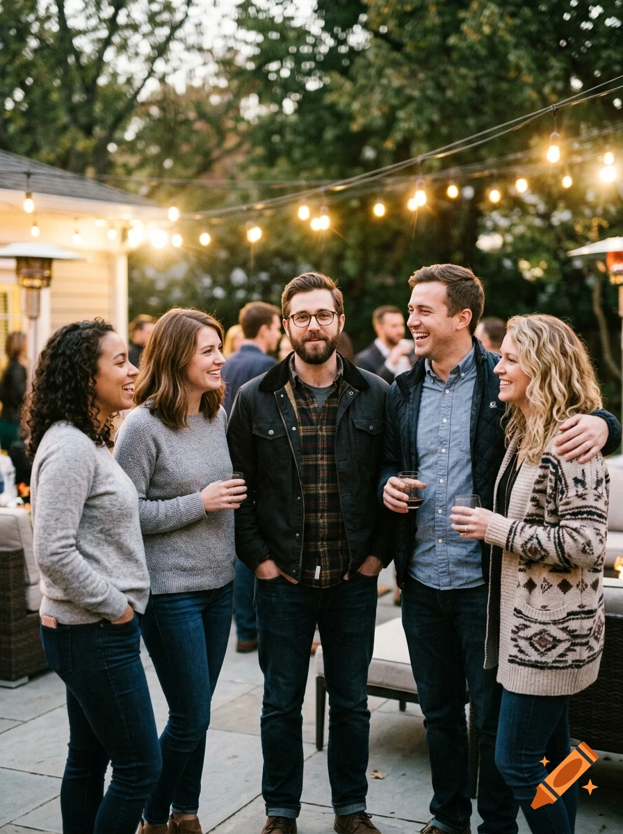 Photorealistic image of a group of five smiling friends socializing on an outdoor patio at dusk with string lights.