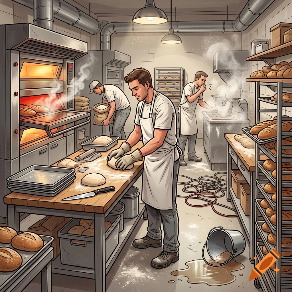 Illustration of bakers working in a bustling kitchen with various occupational hazards like spills and tangled cables.