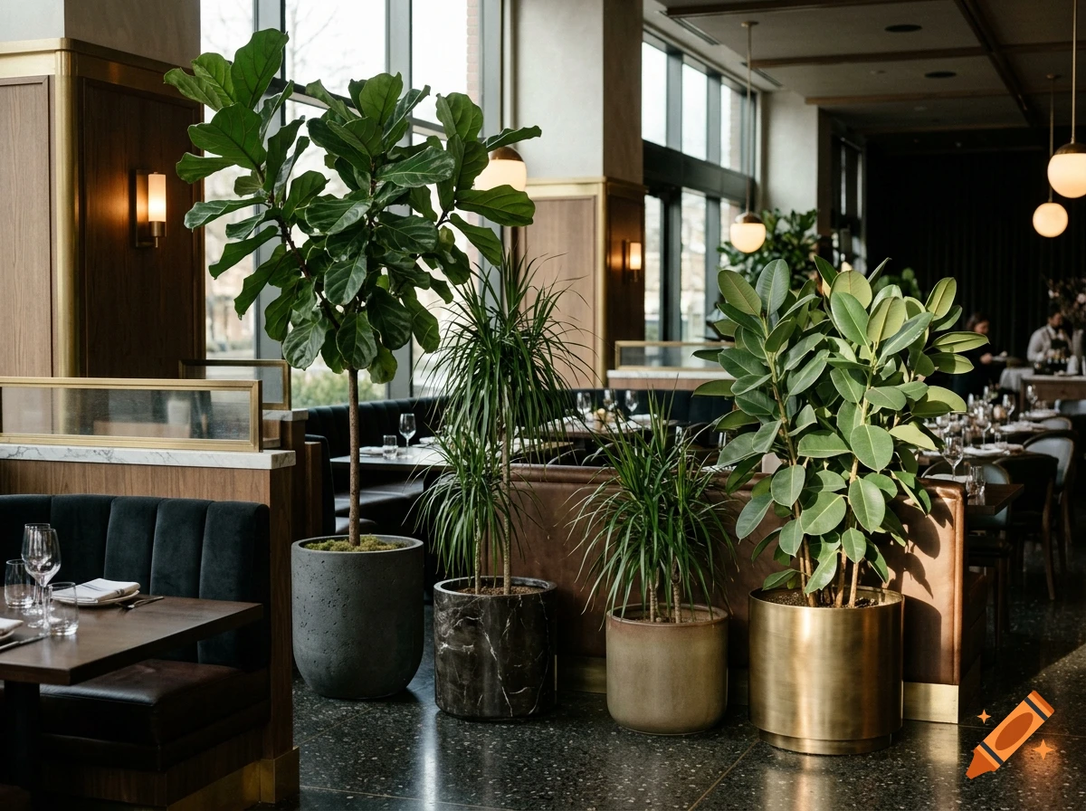 Photorealistic interior view of an upscale restaurant featuring various potted plants including ficus and dracaena in luxury pots.