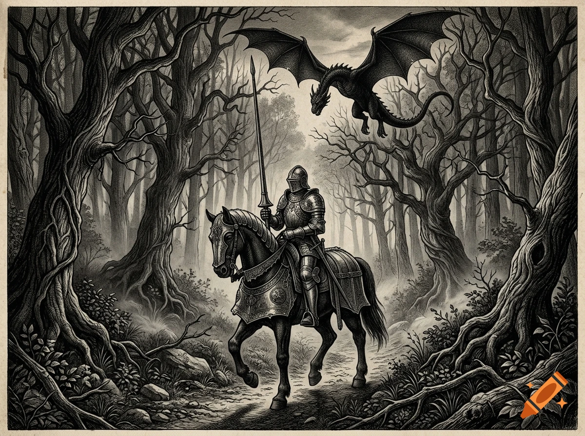 Durer-style etching of a knight in armor on a horse riding through a dark forest with a black dragon flying overhead.