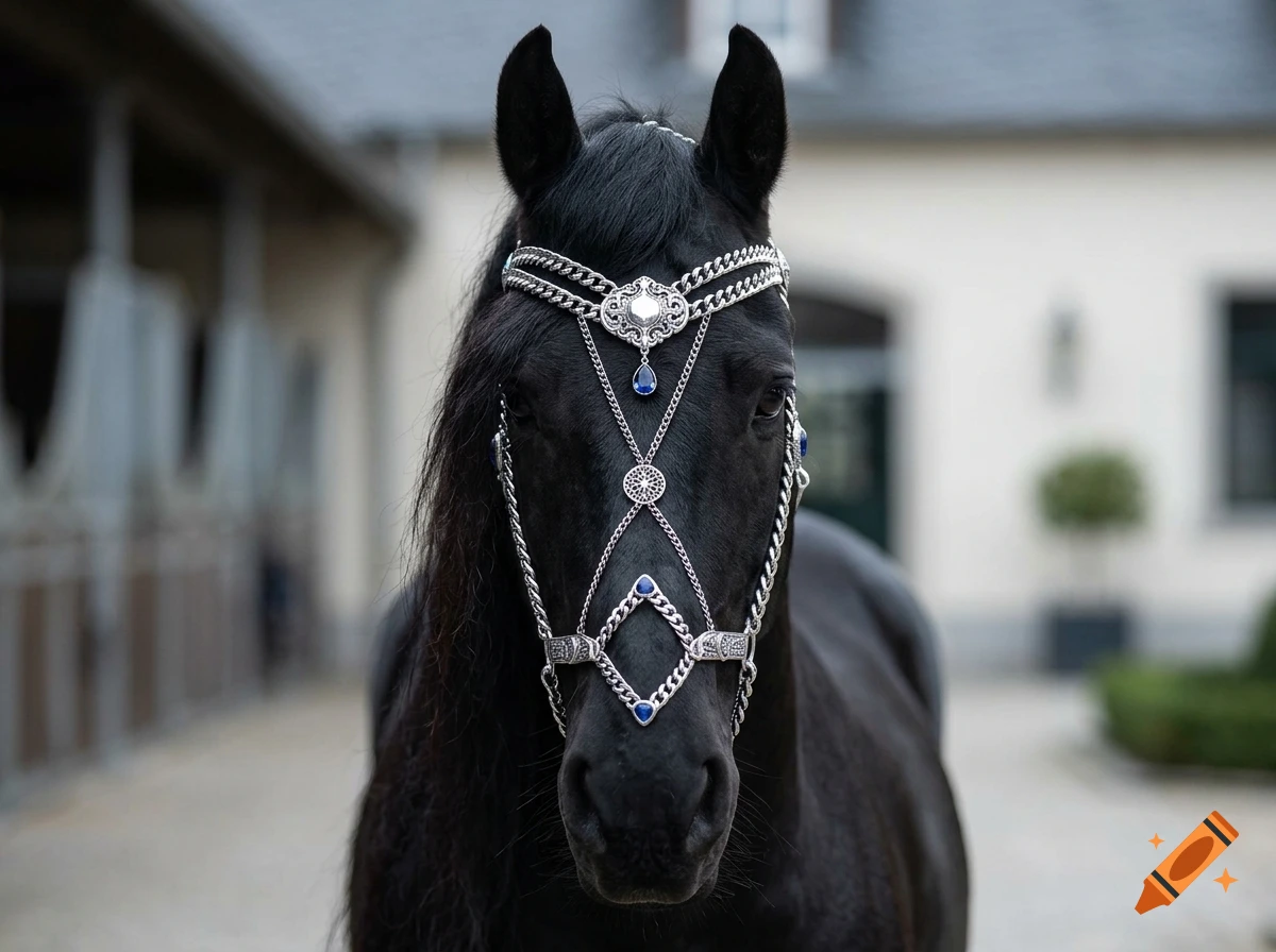Close-up photorealistic portrait of a black horse wearing ornate silver and sapphire headstall jewelry.