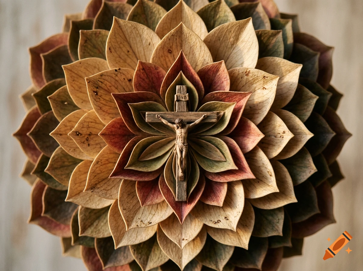 A detailed mandala-like arrangement of layered dried leaves with a wooden crucifix of Jesus in the center.
