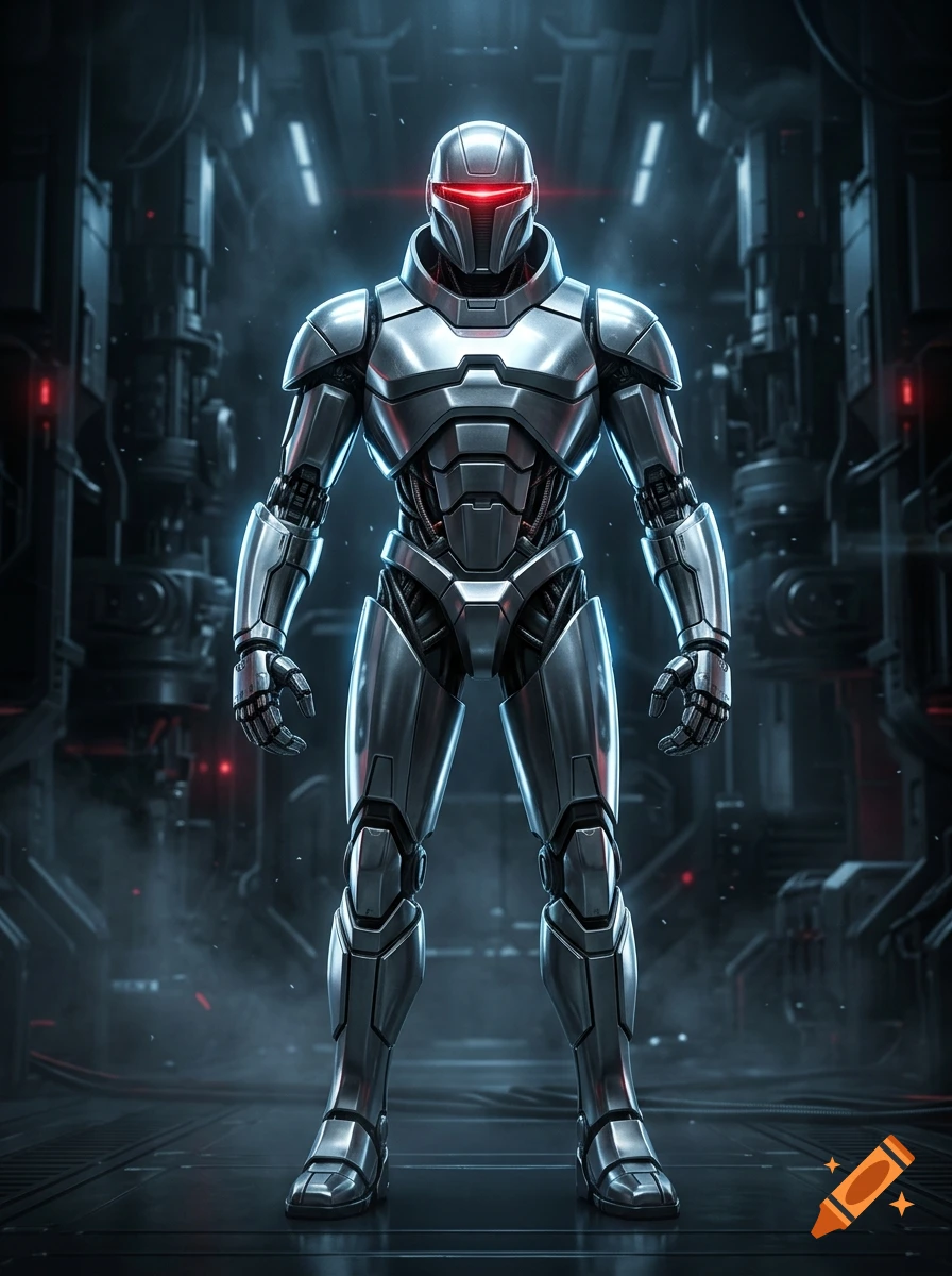 A sleek, silver Cylon centurion robot with glowing red visor standing in a futuristic industrial corridor.