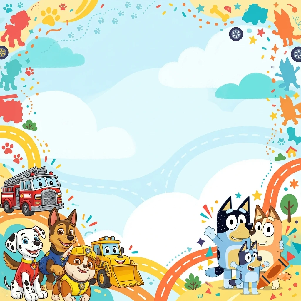Digital illustration of Paw Patrol and Bluey characters with a fire truck and excavator against a light blue sky with clouds background.