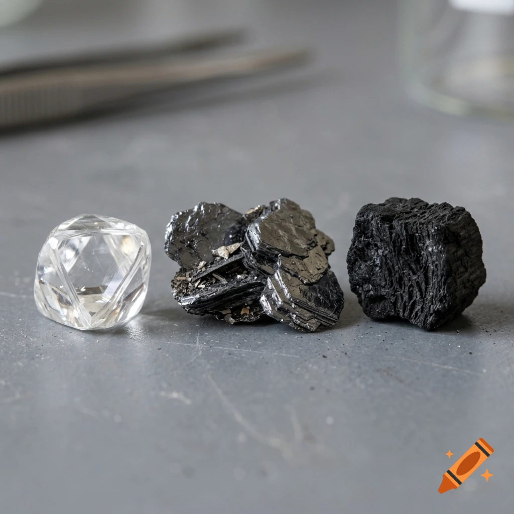 Photorealistic close-up of a diamond, graphite, and pure carbon on a grey surface.