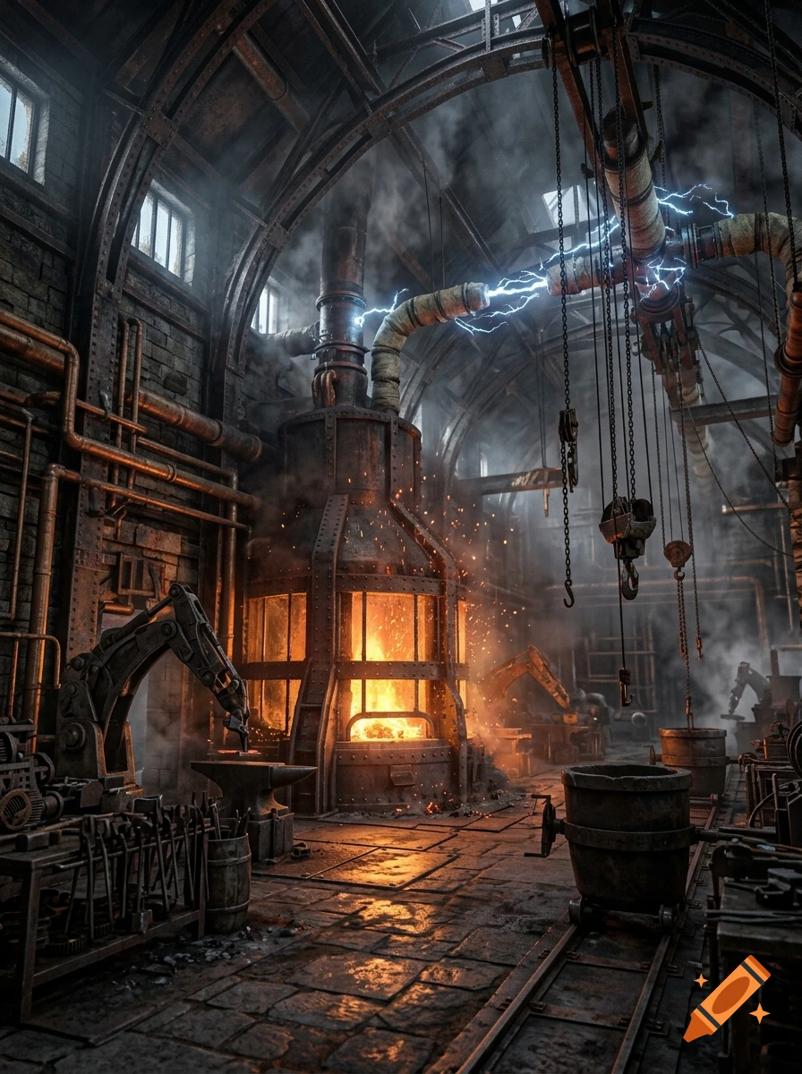 A photorealistic industrial forge with a glowing furnace, pipes, and machinery inside a large stone warehouse.