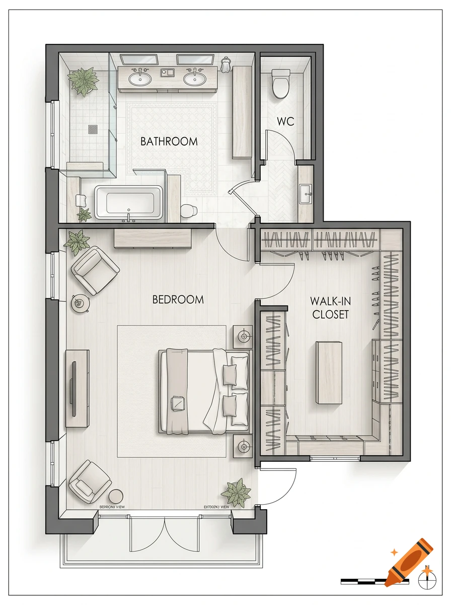 Top-down architectural floor plan of a modern bedroom, bathroom, and walk-in closet.