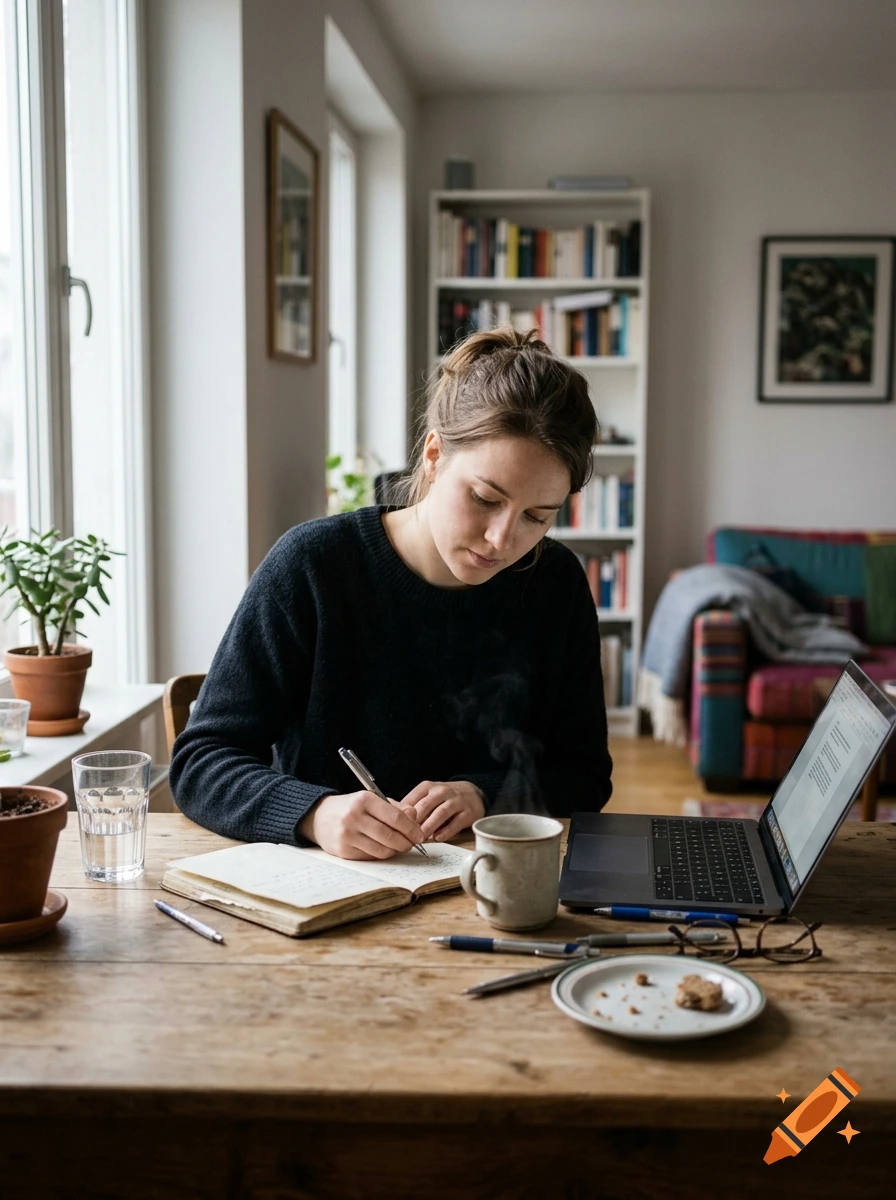 Photorealistic image of a woman sitting at a wooden table, writing in a notebook next to a laptop and a steaming mug.
