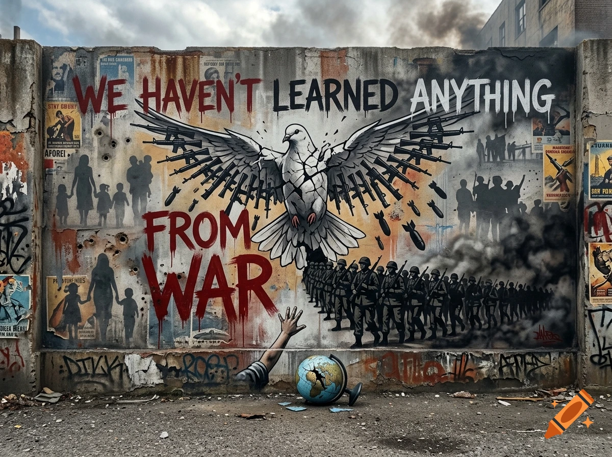 A street art mural on a concrete wall featuring a broken dove with rifles for wings, soldiers marching, and the text We haven't learned anything from war.