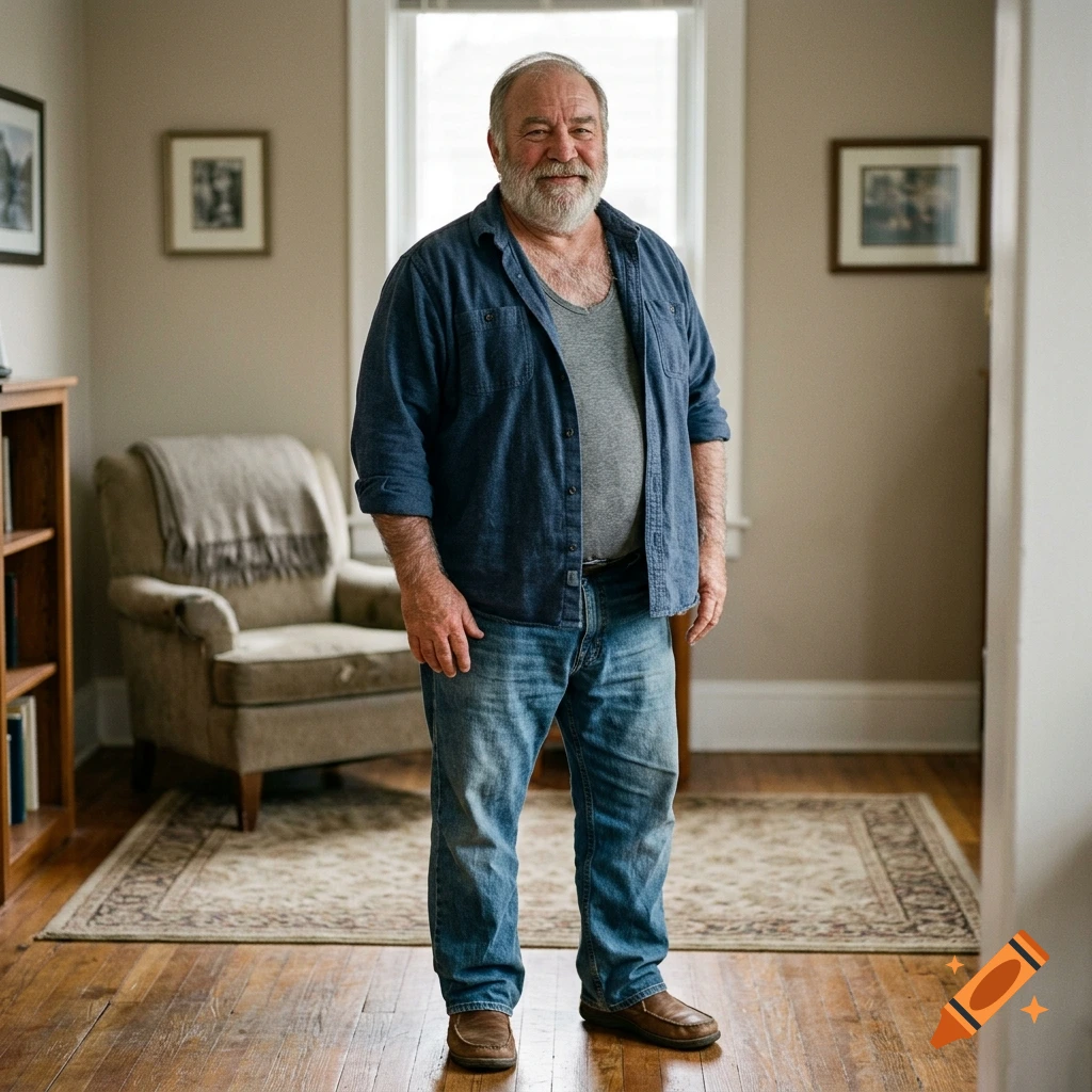 An older man with a white beard stands in a living room, wearing a blue shirt over a gray top and jeans.