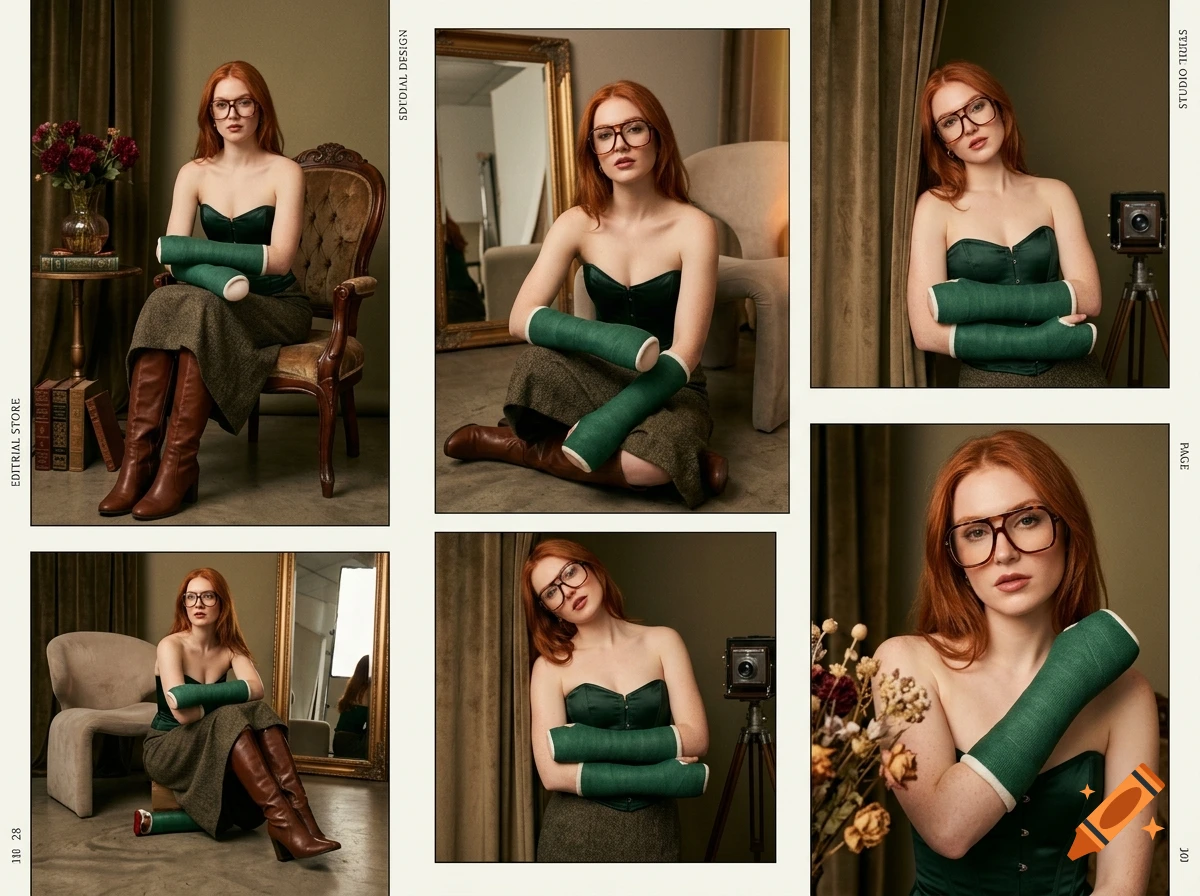 A photo collage of a red-haired woman wearing a green corset, glasses, and arm casts, set in a studio.