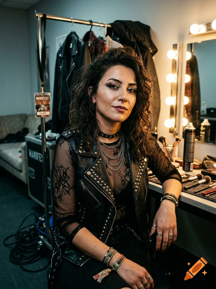 Photorealistic portrait of a woman with dark wavy hair wearing a black leather studded jacket and sheer lace top in a backstage dressing room.
