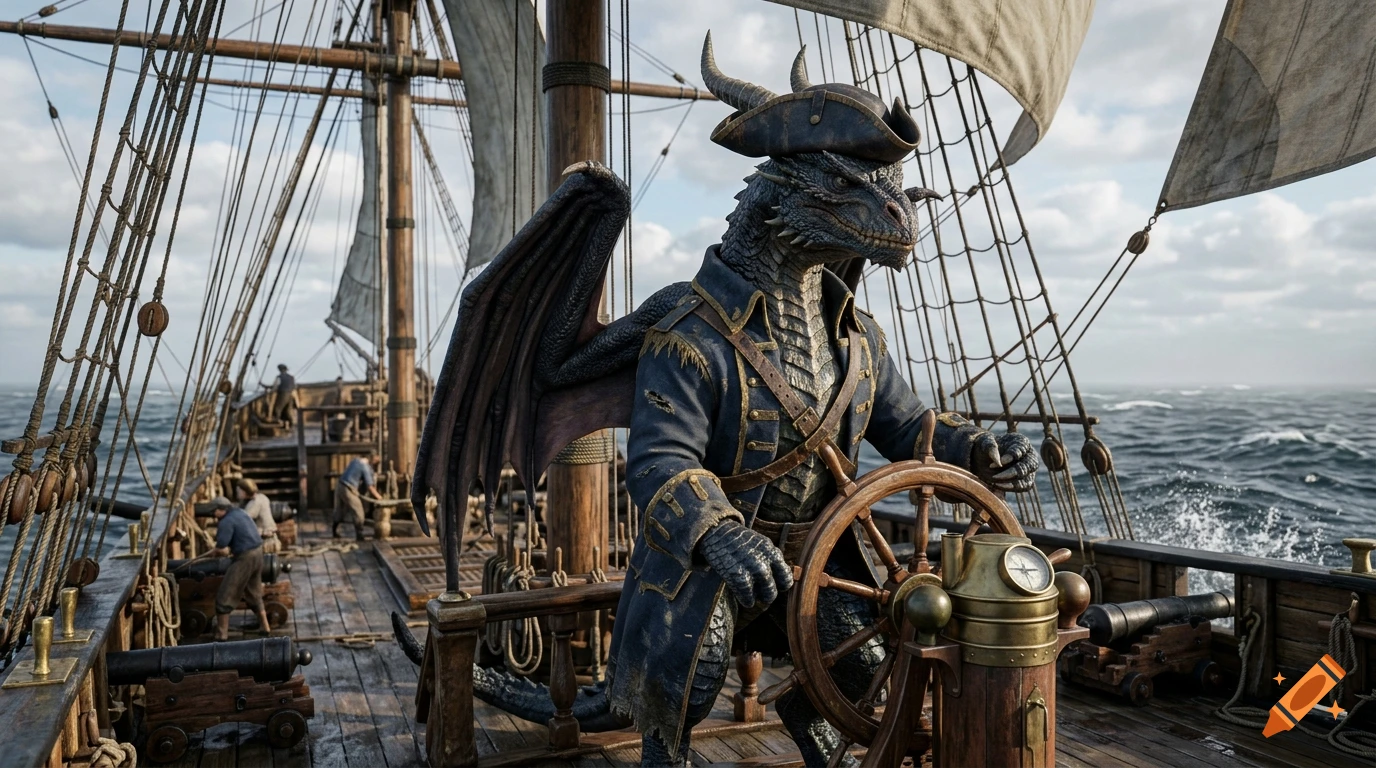 Photorealistic image of a dragon captain in a pirate hat steering a man-of-war sailing ship.