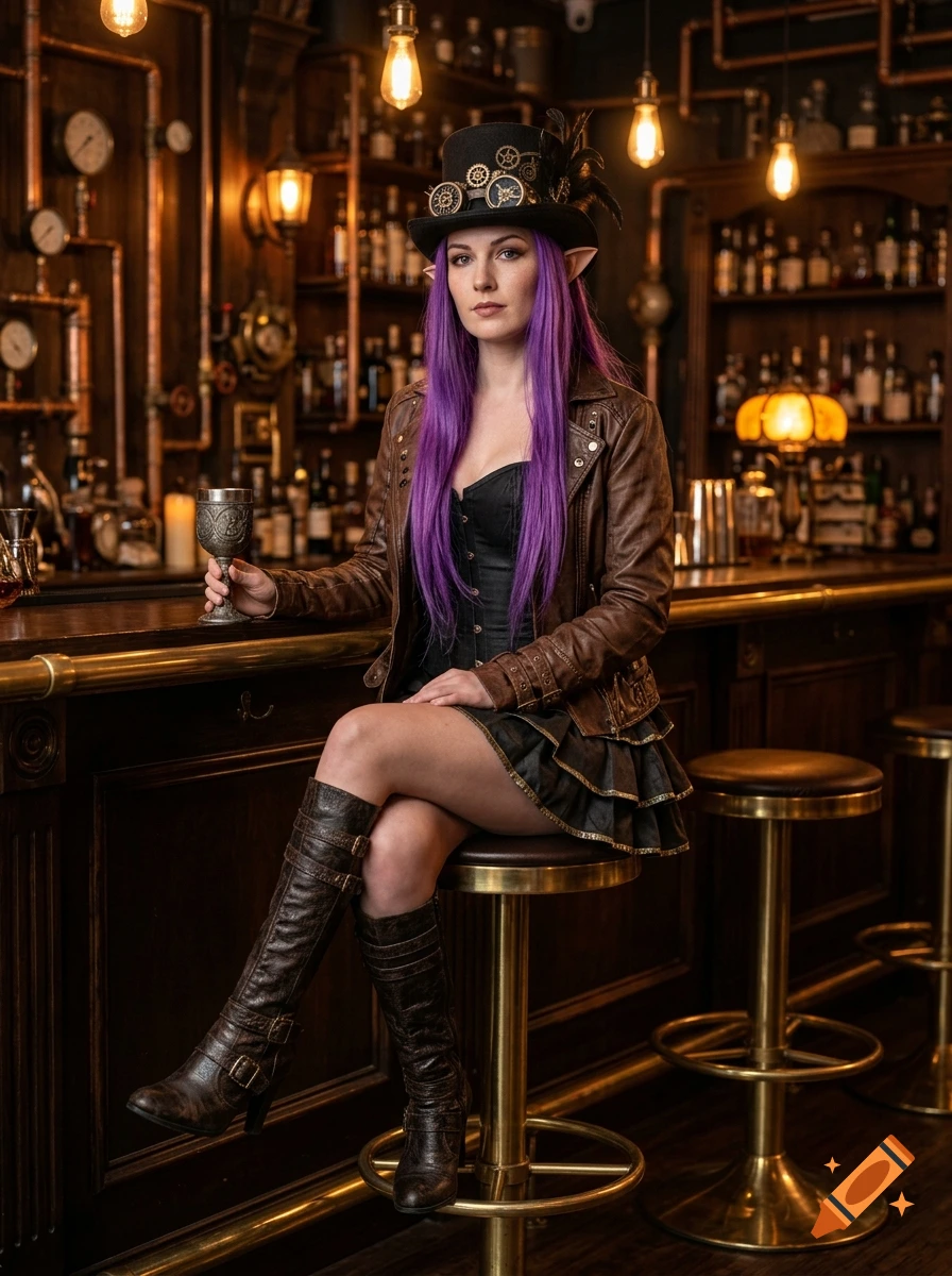 Photorealistic image of a steampunk elf woman with purple hair, sitting at a wooden bar holding a goblet.