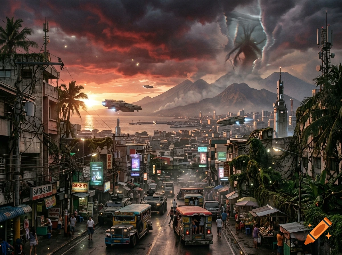 A Philippine street scene merged with Star Wars and Stranger Things, featuring jeepneys, futuristic ships, and a monstrous entity in the sky.
