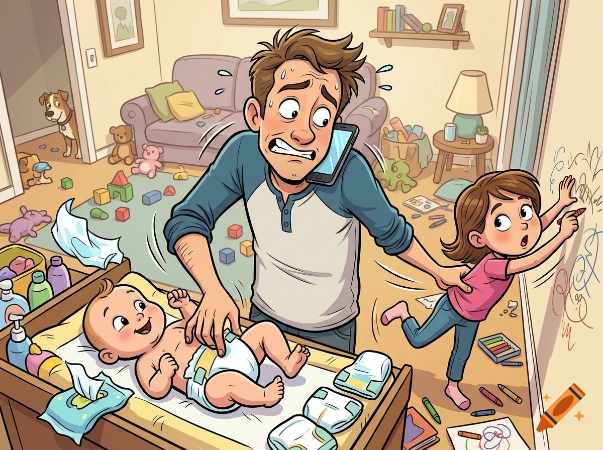 Cartoon illustration of a stressed dad changing a baby's diaper while simultaneously stopping his daughter from drawing on the wall.