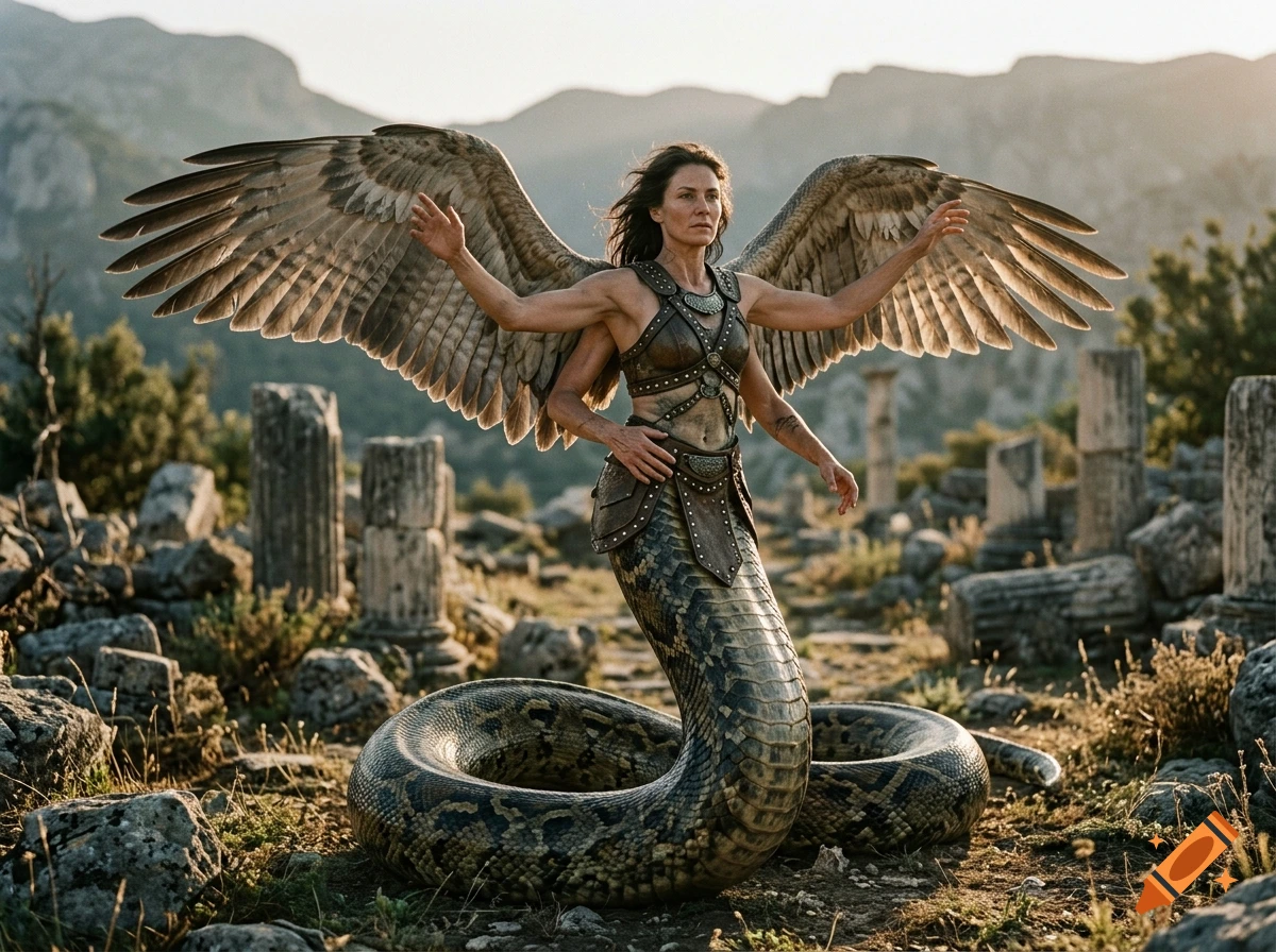 Photorealistic image of a winged lamia with four arms standing among ancient ruins.