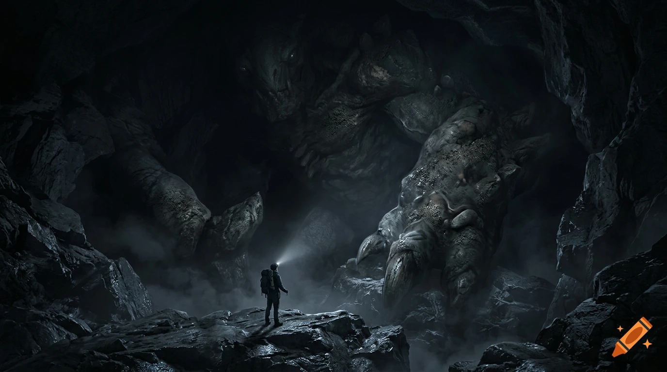 A tiny traveler with a headlamp stands on rock formation in a dark cave facing a massive, menacing subterranean monster.