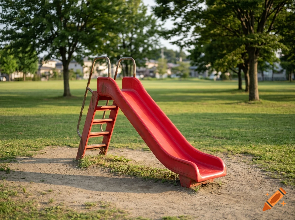 A photorealistic red slide stands on a patch of dirt and grass in a green park surrounded by trees.