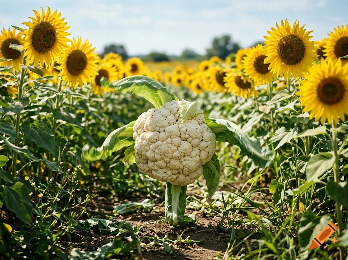 Photorealistic image of a cauliflower dancing capoeira in the middle of a vibrant sunflower field.
