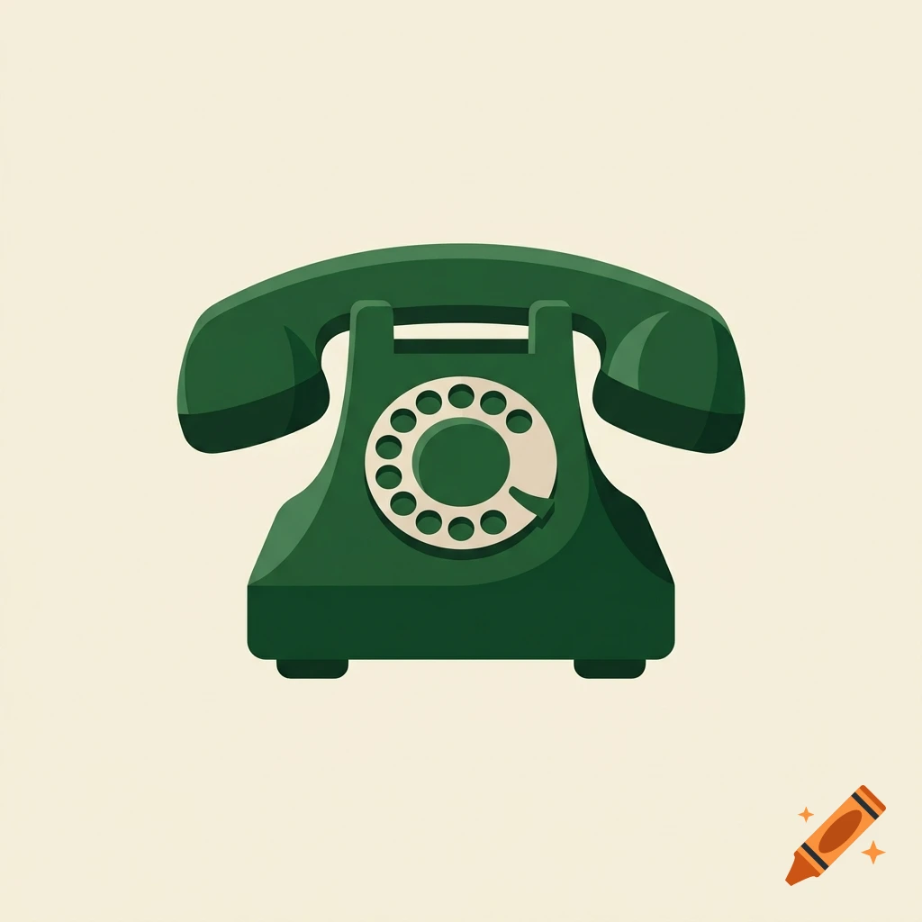 Digital illustration of a vintage dark green rotary telephone on a beige background.