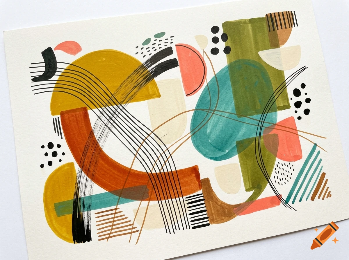 Mid-century modern abstract painting with geometric shapes, lines, and various colors on textured paper.