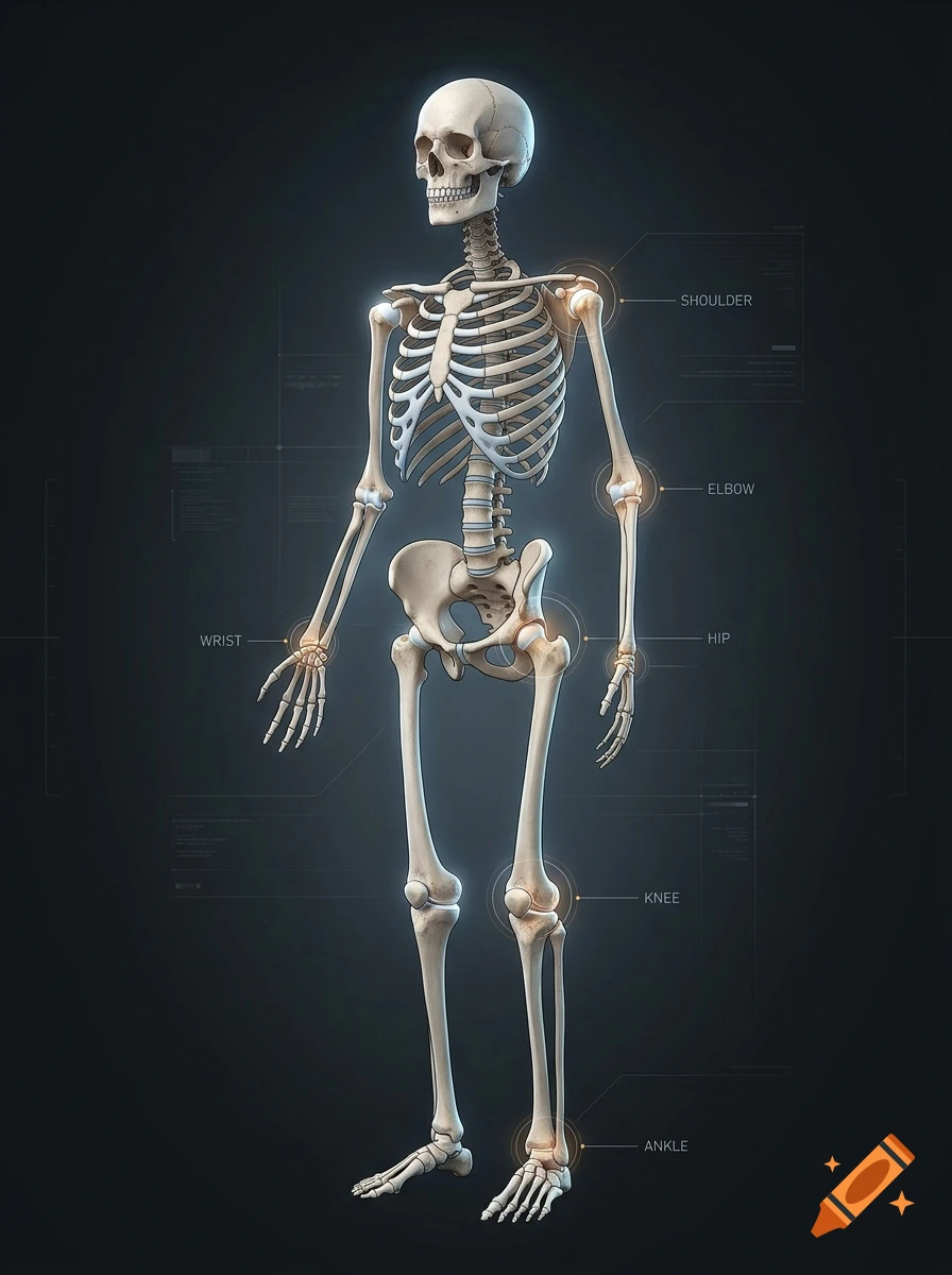 3D medical illustration of a human skeleton showing labeled anatomical joints against a dark background.