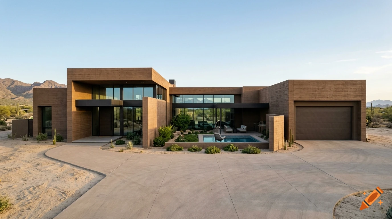 Modern brown adobe-style concrete house in a desert landscape with a large driveway, glass windows, and a small pool.