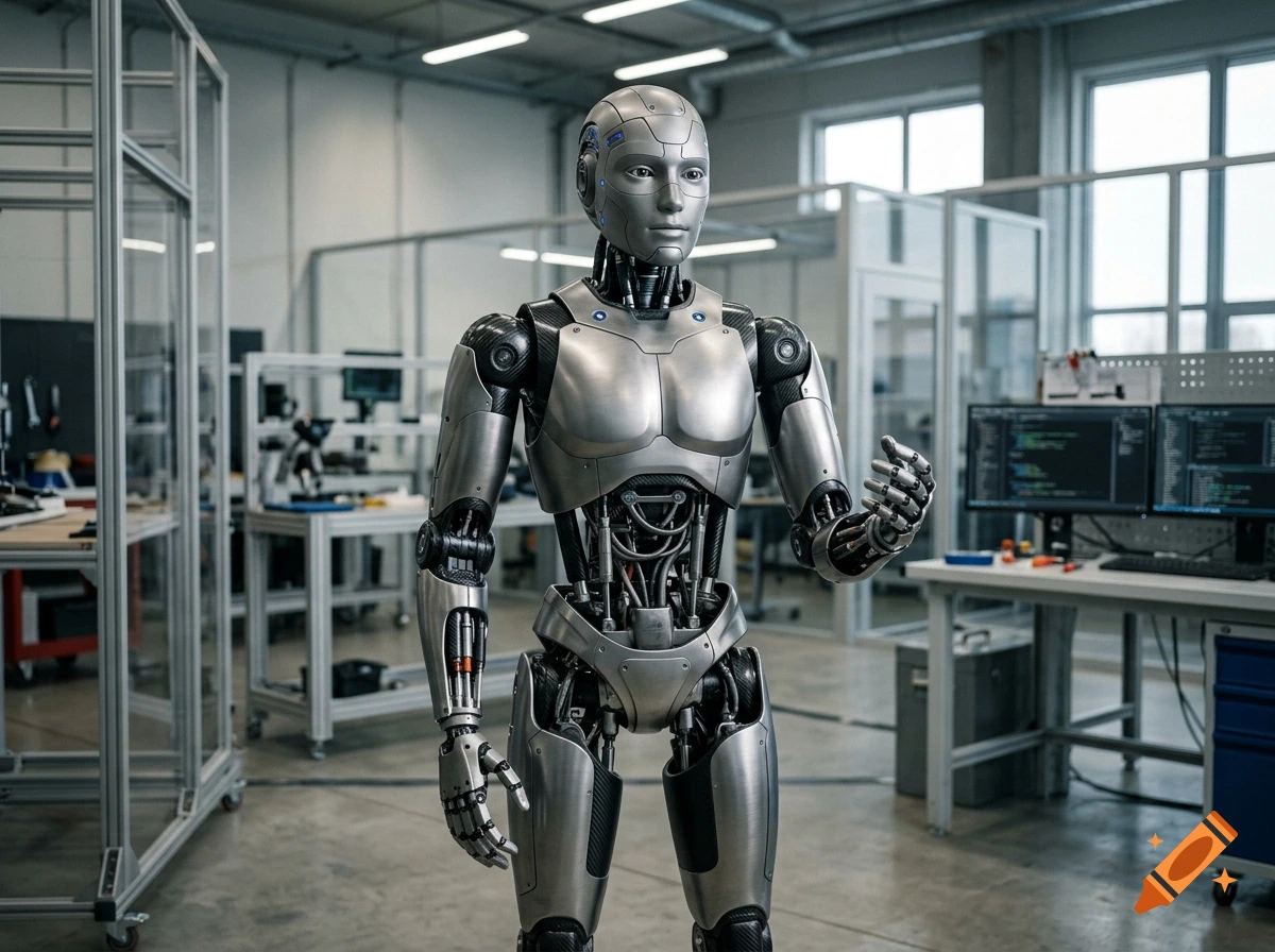Photorealistic humanoid robot standing in a modern factory or laboratory setting with metallic body and glowing blue details.