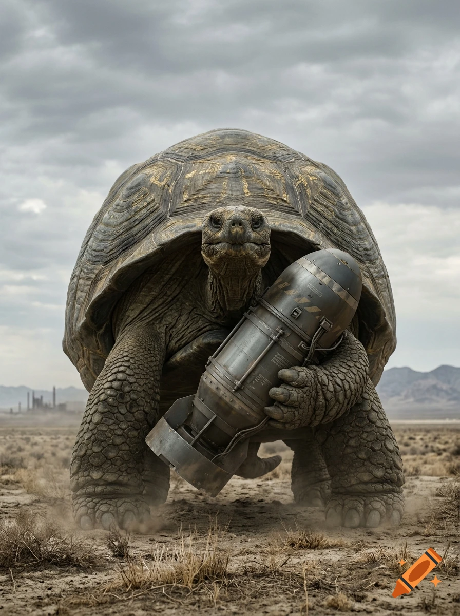 Photorealistic image of a giant tortoise standing in a desolate landscape while holding a large nuclear bomb.