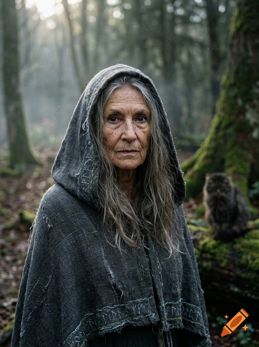 Close-up photorealistic portrait of an older woman with long gray hair wearing a gray hooded cloak in a misty forest, with a cat sitting on a log nearby.