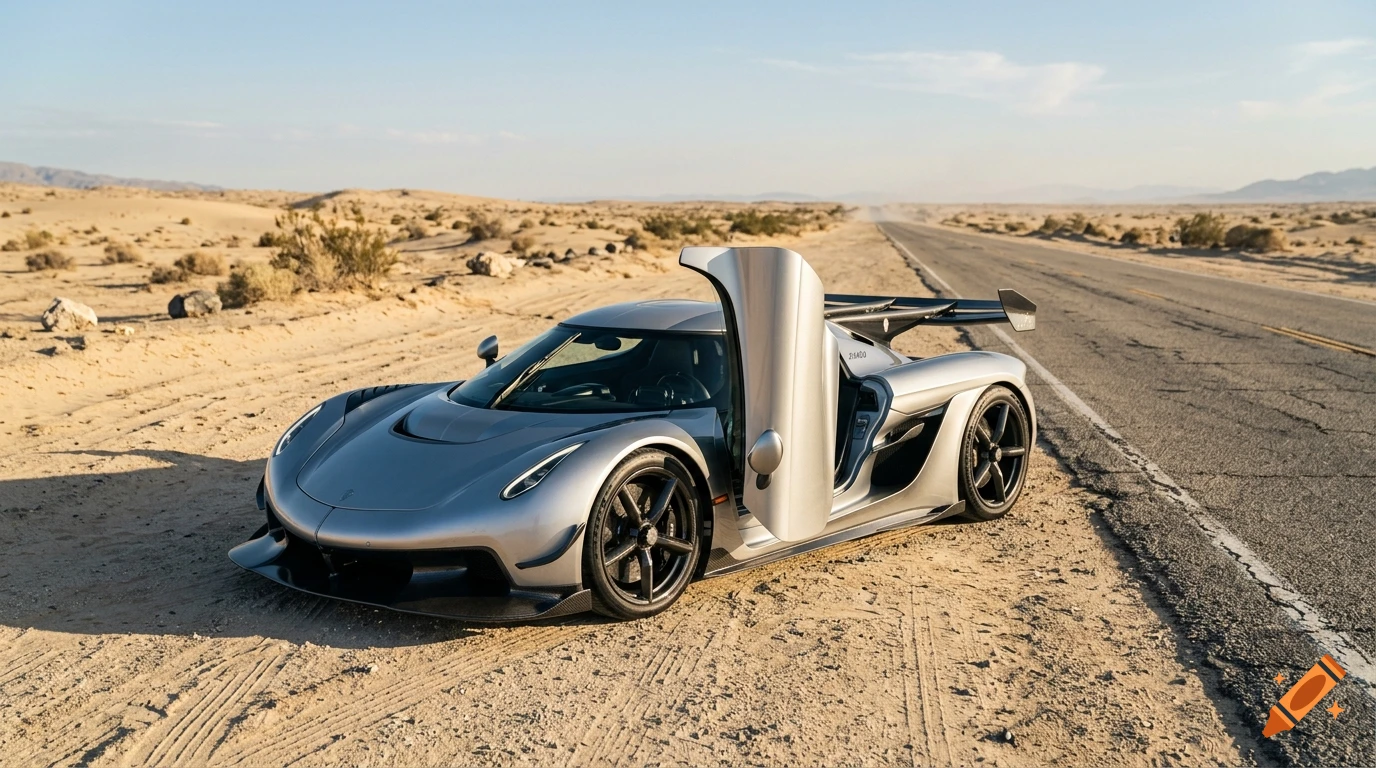 Photorealistic image of a silver hypercar parked on the side of a desert road with its door open.