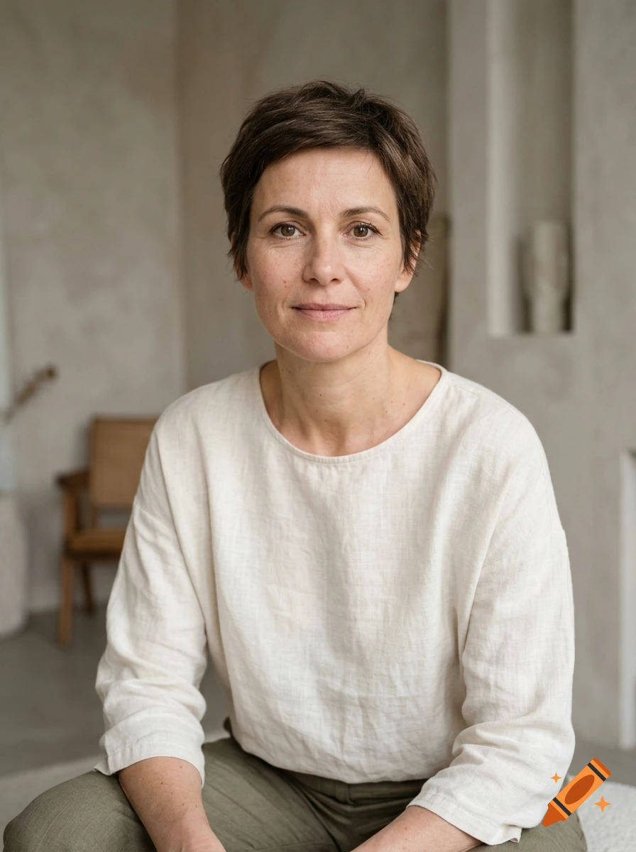 Photorealistic portrait of a mature woman with short brown hair and brown eyes wearing a white linen blouse.