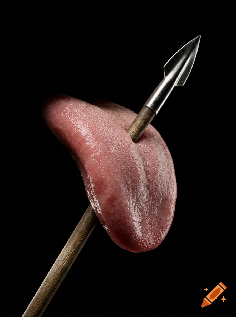 Photorealistic image of a human tongue pierced by a wooden arrow with a metal tip against a black background.
