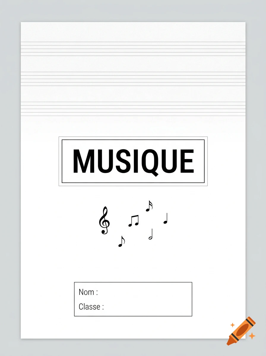 Minimalist music notebook cover with staff lines, the word MUSIQUE, a treble clef, music notes, and a name/class label.
