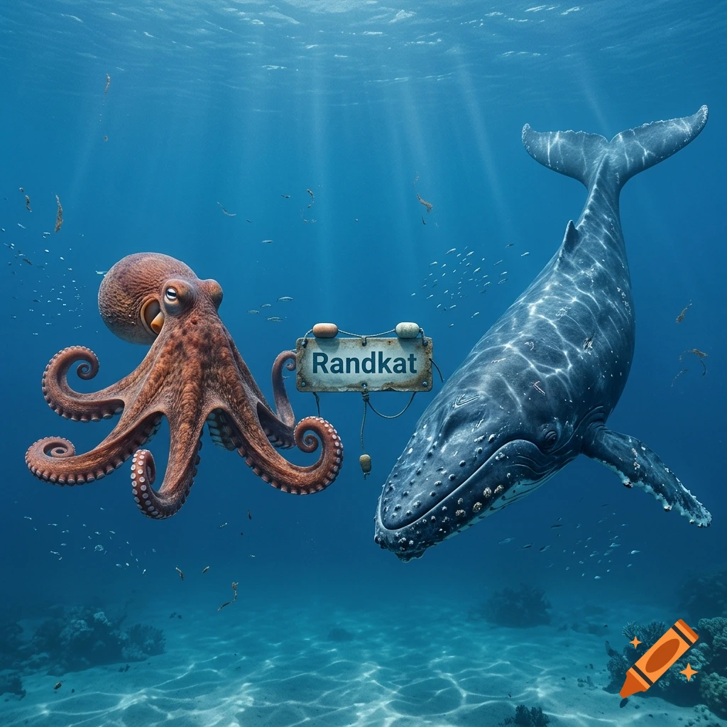 An octopus and a humpback whale underwater swimming near a floating sign that reads 'Randkat', photorealistic.