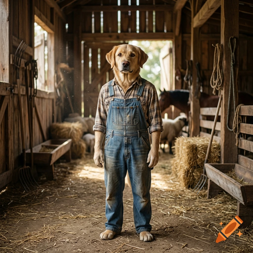 Photorealistic image of an anthropomorphic golden retriever dog standing in a rustic wooden barn wearing plaid and overalls.
