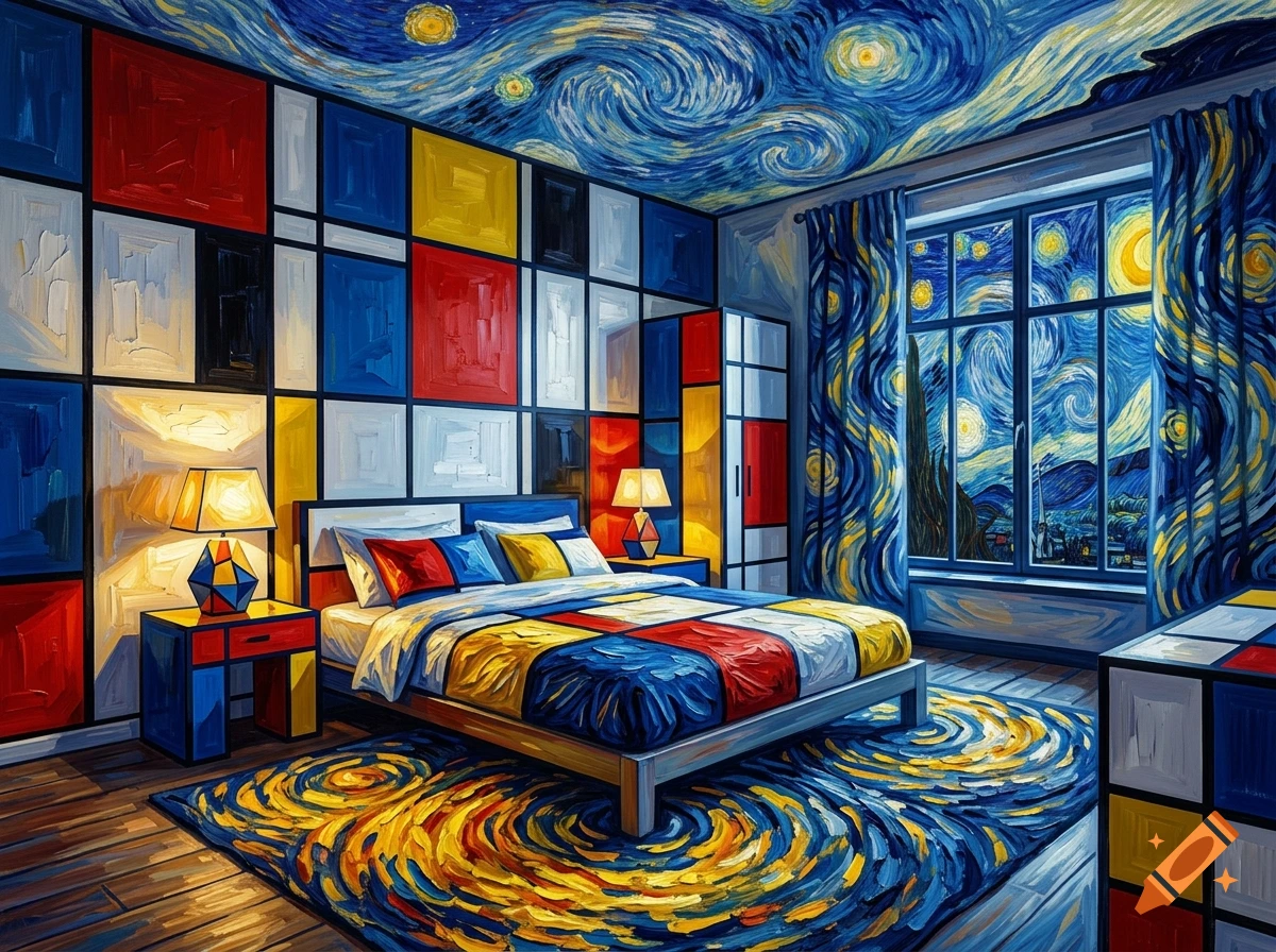 A bedroom blending Mondrian's grid art with Van Gogh's Starry Night style, featuring a patterned bed, rug, walls, and a starry window view.