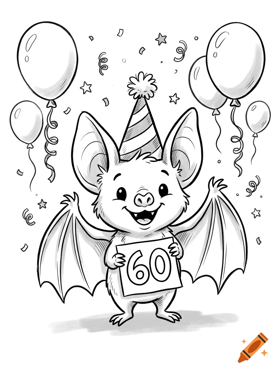 A black and white line drawing of a cute bat wearing a party hat, holding a sign with the number 60, surrounded by balloons and confetti.