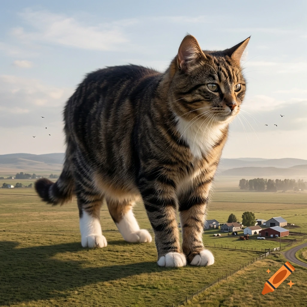 A giant tabby cat standing in a rural farm field, dwarfing nearby houses and barns, photorealistic style.