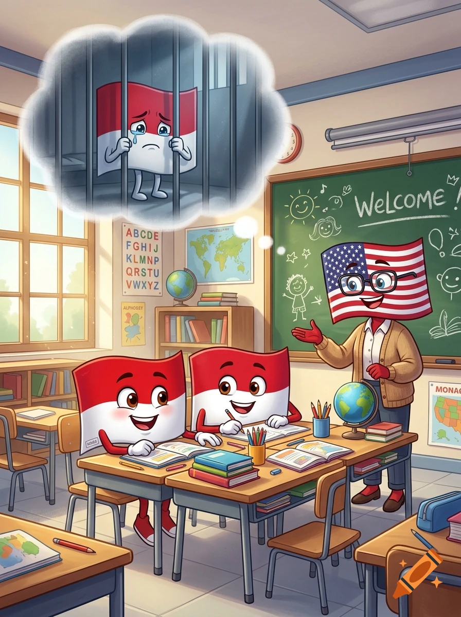 Cartoony personified flags of Indonesia and the USA in a classroom, with a thought bubble of a crying flag behind bars.