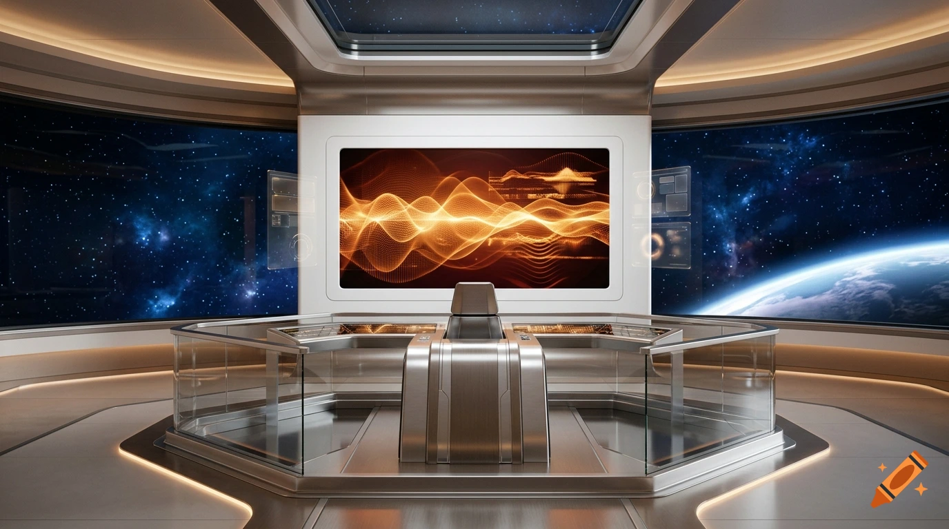 Photorealistic interior of a futuristic spaceship bridge with a central glowing orange energy display and panoramic space view.