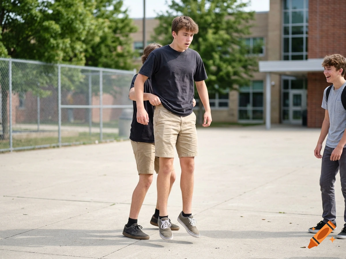 Three teenage boys outdoors near a school building, one boy being lifted in the air by another while a third boy laughs.