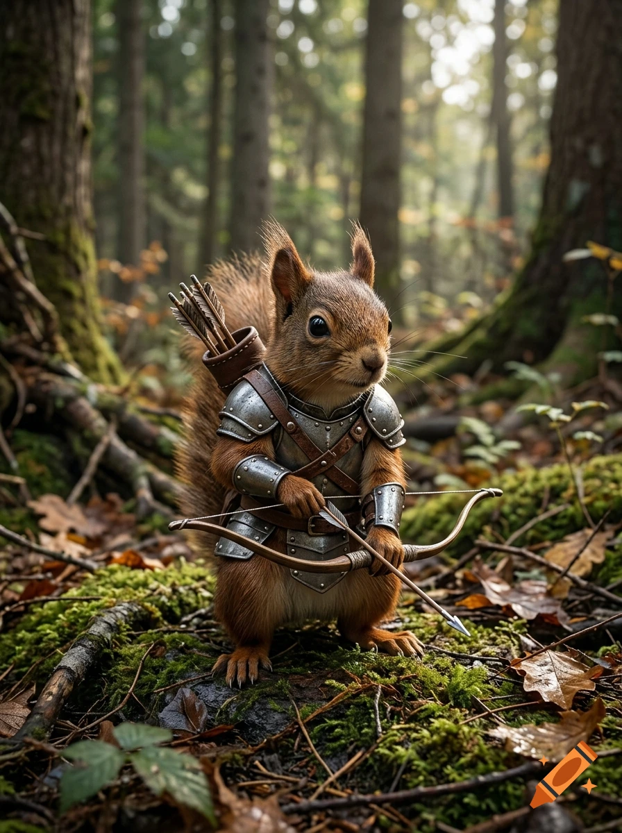 Photorealistic image of a red squirrel wearing medieval armor and holding a bow and arrow in a forest.