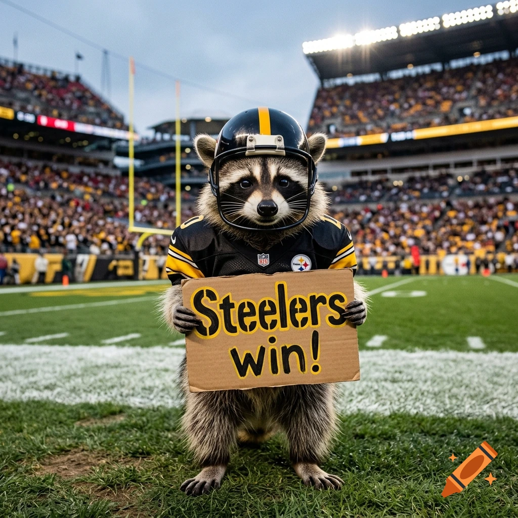Photorealistic image of a raccoon wearing a Pittsburgh Steelers football helmet and jersey, holding a sign that says Steelers win!