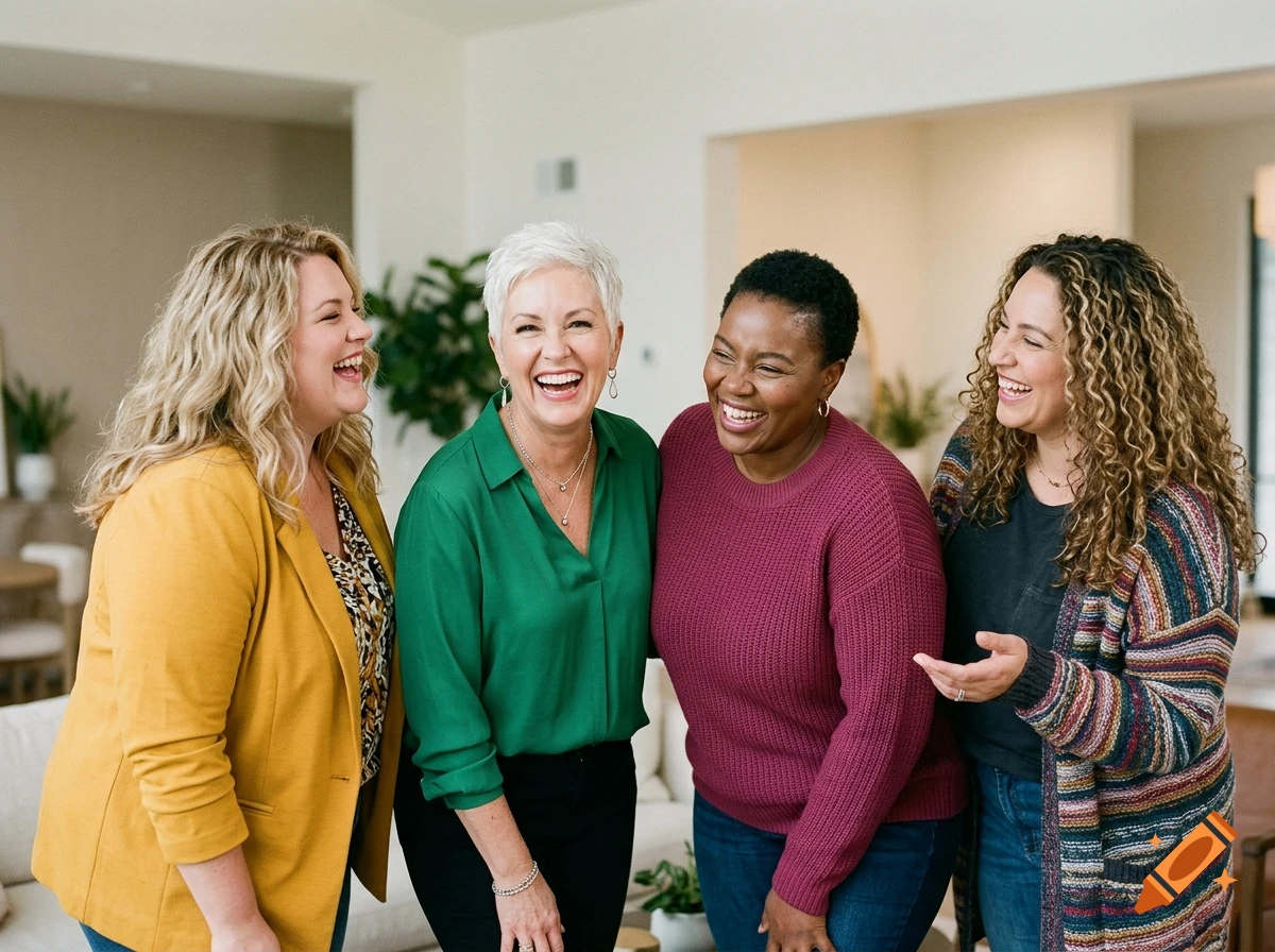 Four diverse, plus-size women laughing and smiling together indoors in a brightly lit modern setting, realistic photography style.
