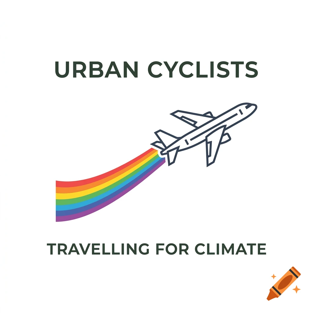 Minimalist vector illustration of an airplane leaving a rainbow jet stream, with the text 'URBAN CYCLISTS' and 'TRAVELLING FOR CLIMATE'.