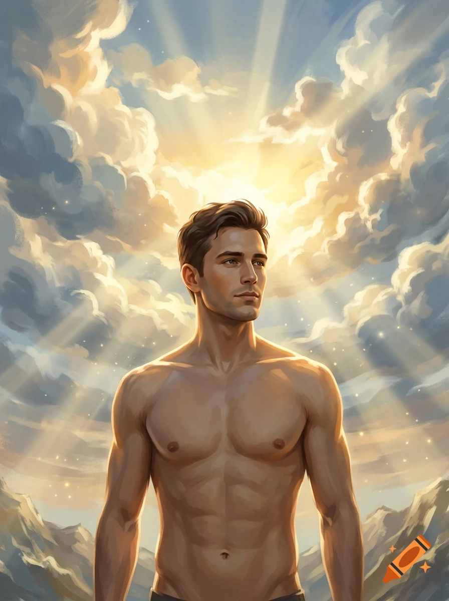 Digital painting of a shirtless young man with a serene expression, posed against an epic cloudy sky with a bright golden sun and light rays.